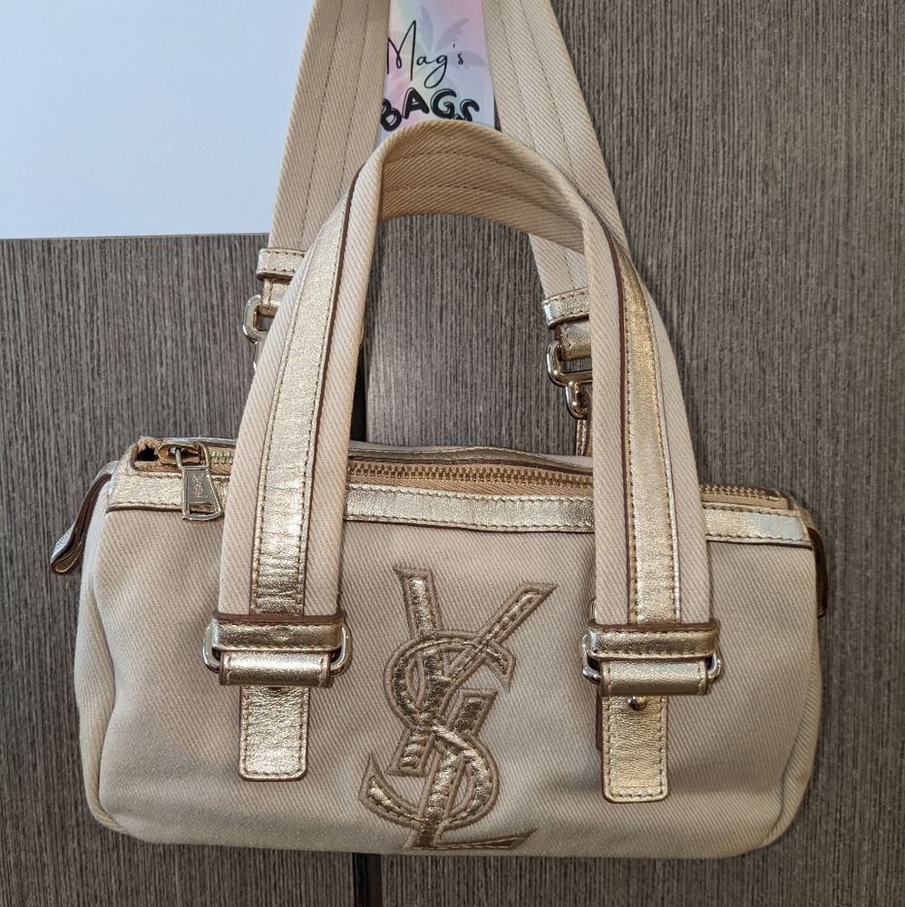 YSL: Metallic Mini Boston Kahala Canvas Leather Tote Shoulder Bag - Picture 6 of 16
